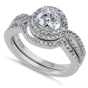 925 Sterling Silver Halo CZ Wedding Set Ring